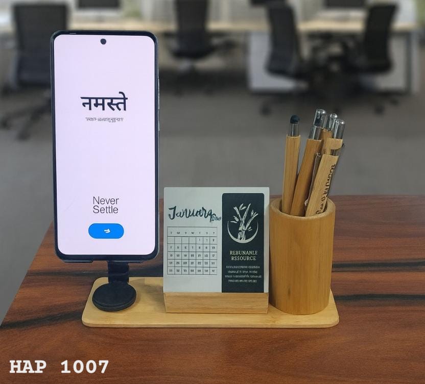 Bamboo Desk Organizer with Mobile Stand, Mini Calendar & Pen Holder